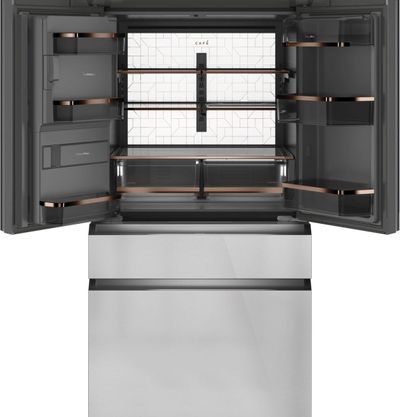 front view of the opened Café™ 22.3 Cu. Ft. Platinum Glass Counter Depth French Door Refrigerator