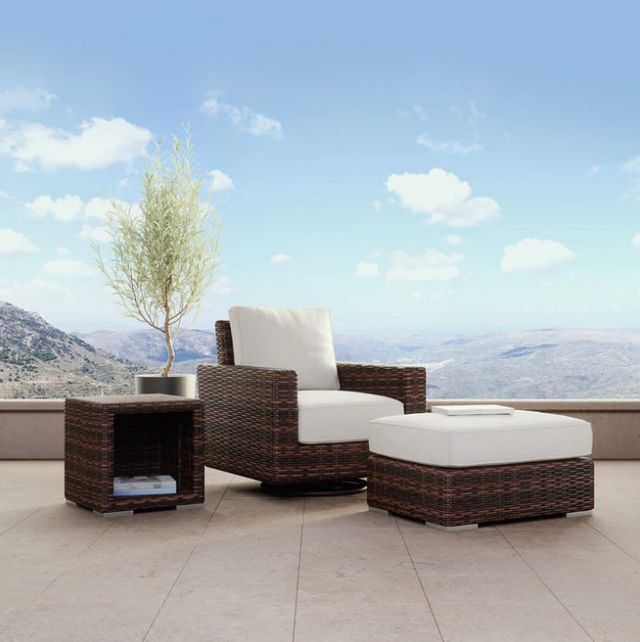 Sunset West Montecito Cognac Resin Wicker Outdoor Ottoman with Canvas Flax Cushion-1