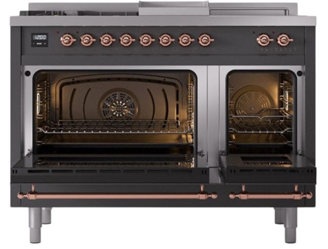 Ilve® Nostalgie II Noblesse 48'' Graphite Matte Pro Style Dual Fuel Range with Copper Trim-1