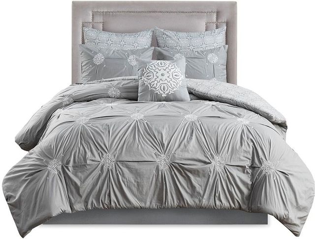 Olliix by Madison Park 6 Piece Grey King/California King Malia Embroidered Cotton Reversible Comforter Set-0