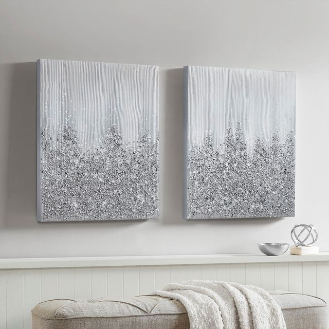 Olliix by Madison Park Glimmer 2 Piece Silver Hand Brush Heavy Textured Glitz Embellished Canvas Set-4
