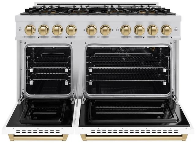 ZLINE Autograph Edition 48" 6.7 cu. ft. Gas Range with 8 Burner DuoPro™ Cooktop and Dual Ovens with White Matte Doors and Champagne Bronze Accents-1