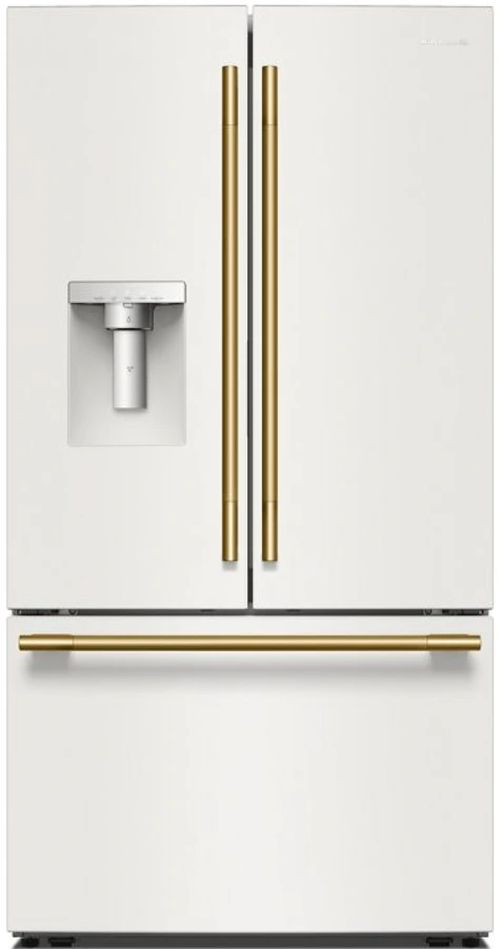 KitchenAid® 36” 30.5 Cu. Ft. Porcelain White French Door Refrigerator with Exterior Water/Ice Dispenser and Wood Look Sliding Tray
