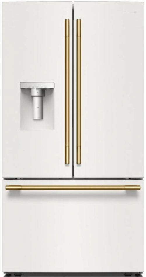 KitchenAid® 36” 30.5 Cu. Ft. Porcelain White French Door Refrigerator with Exterior Water/Ice Dispenser and Wood Look Sliding Tray-0