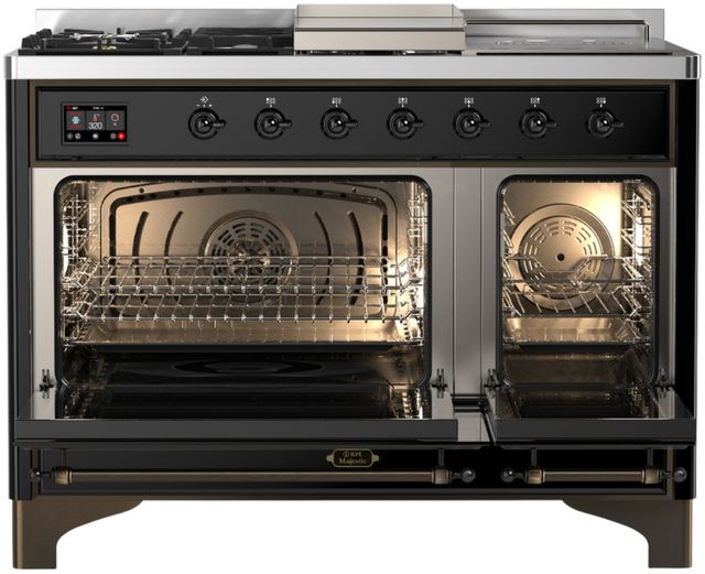 Ilve® Majestic III 48" Glossy Black Pro Style Dual Fuel Liquid Propane Range with French Top and Burnished Trim-1