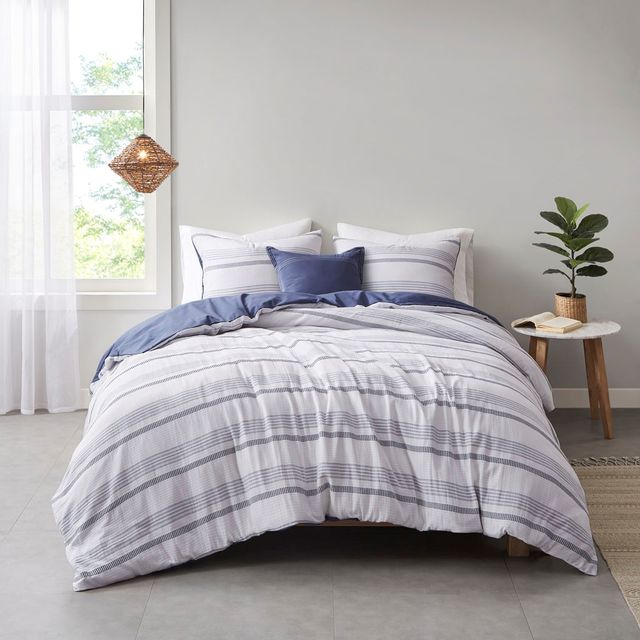 Olliix by Clean Spaces Oakley 5 Piece Striped Organic Cotton Yarn Dyed Indigo and White King/California King Comforter Cover Set-0