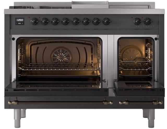 Ilve® Nostalgie II Noblesse 48'' Graphite Matte Pro Style Dual Fuel Range with Burnished Trim-2
