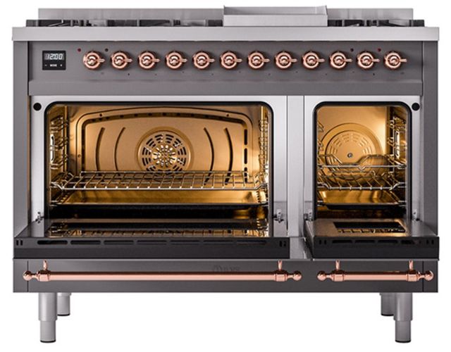 Ilve® Nostalgie II Noblesse 48'' Graphite Matte Pro Style Dual Fuel Range with Copper Trim-1