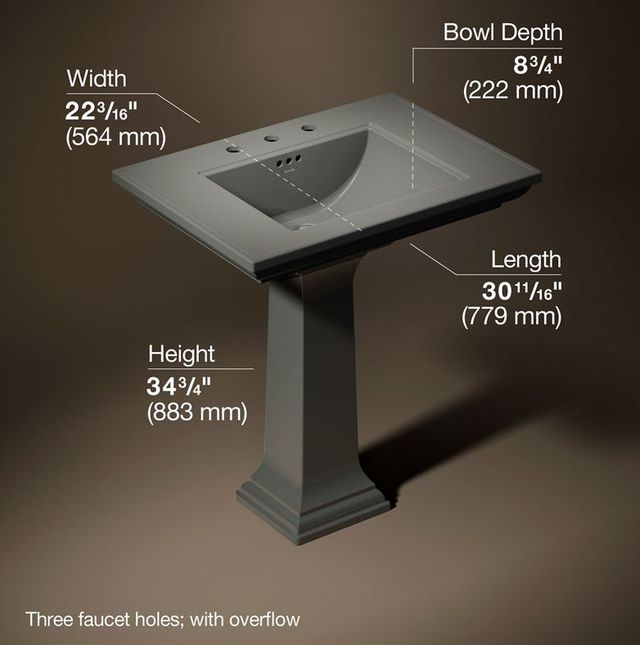 Kohler Memoirs® Stately Thunder Grey 30.75" 3 Faucet Holes Rectangular Pedestal Bathroom Sink-3