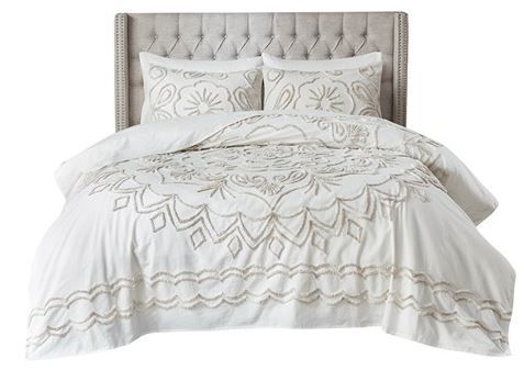 Olliix by Madison Park Violette 3 Piece Ivory and Taupe Full/Queen Tufted Cotton Chenille Coverlet Set-0