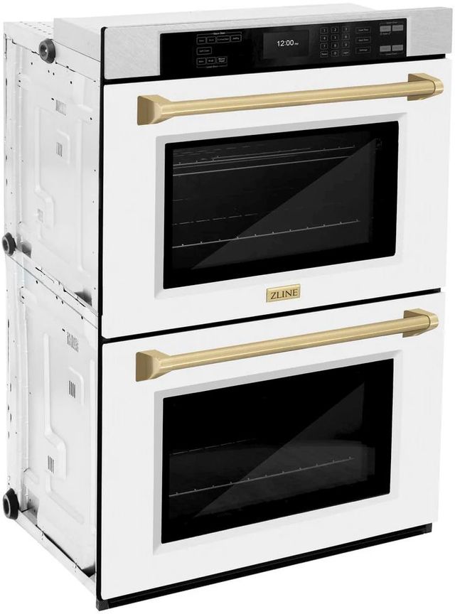 ZLINE Autograph Edition Professional 30" Satin Stainless Steel Double Electric Wall Oven with White Matte Doors and Champagne Bronze Accents-1