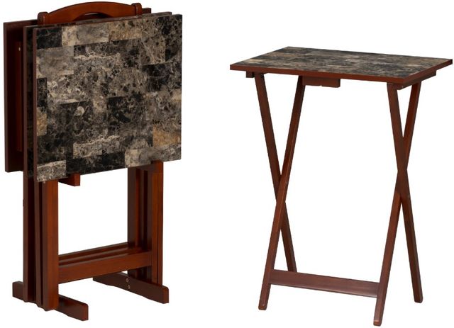 Linon Talia 5-Piece Faux Marble Tray Table with Brown Base Set-0