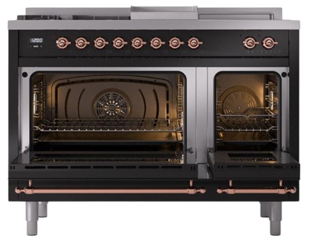Ilve® Nostalgie II Noblesse 48'' Glossy Black Pro Style Dual Fuel Range with Copper Trim-1