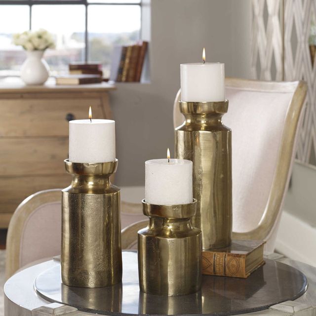 Uttermost® Amina 3-Piece Antiqued Brass Candle Holder Set-1