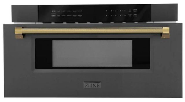 ZLINE Autograph Edition 30" 1.2 Cu. Ft. Black Stainless Steel Built-in Microwave Drawer with Polished Gold Helix Handle-3