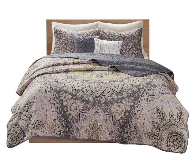 Olliix by Intelligent Design Odette Pink and Grey Twin/Twin XL Boho Reversible Coverlet Set-1