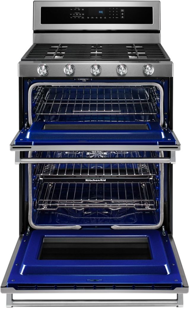 KitchenAid® 30" Stainless Steel Freestanding Dual Fuel Double Oven Range-1