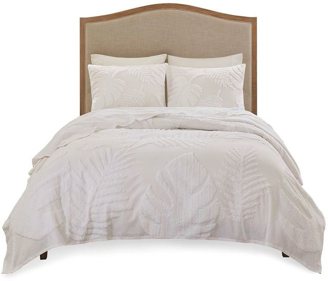 Olliix by Madison Park 3 Piece White Full/Queen Bahari Tufted Cotton Chenille Palm Coverlet Set-0