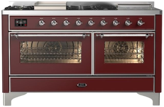 Ilve® Majestic III 60" Burgundy Pro Style Dual Fuel Liquid Propane Range with French Top and Chrome Trim-0