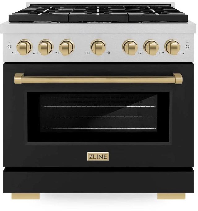 ZLINE Autograph Edition Paramount 36" Satin Stainless Steel Pro Style Gas Range with Black Matte Door and Champagne Bronze Accents-0