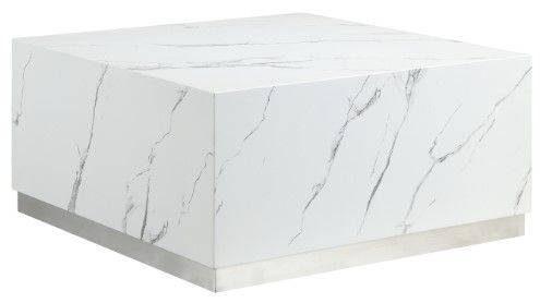 Mazin Furniture Astraia White Faux Marble Large Cube Coffee Table with Brushed Nickel Base-0