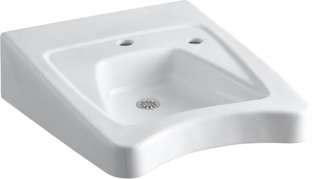 KOHLER® Morningside™ White Wall-Mount Concealed Arm Carrier Wheelchair Bathroom Sink with Single Faucet Hole and Right-Hand Soap Dispenser Hole-0