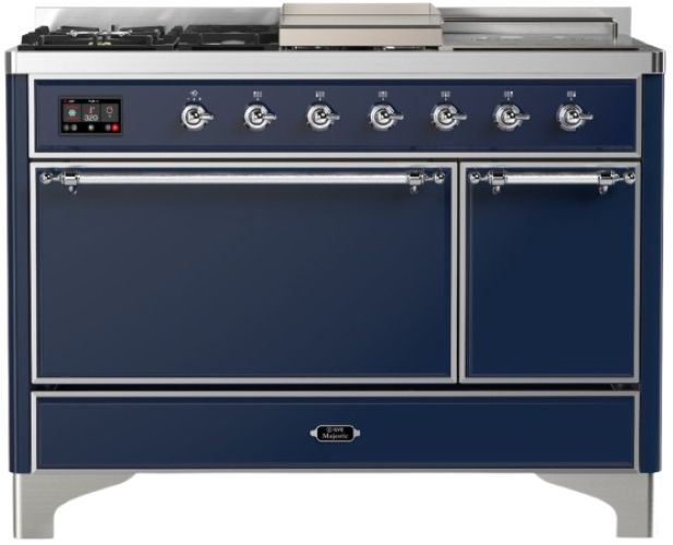 Ilve® Majestic III 48" Midnight Blue Pro Style Dual Fuel Liquid Propane Range with French Top and Chrome Trim-0