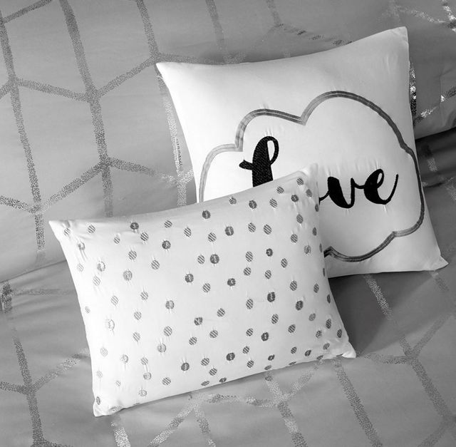 Olliix by Intelligent Design Felicia Raina Grey and Silver Full/Queen Metallic Printed Comforter Set-4