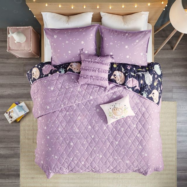 Olliix by Urban Habitat Kids Magical Narwhals Cotton Reversible Purple Multi Full/Queen Coverlet Set-2
