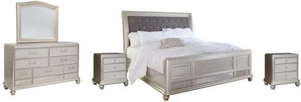 Signature Design by Ashley® Coralayne 5-Piece Silver Queen Upholstered Sleigh Bed Set-0