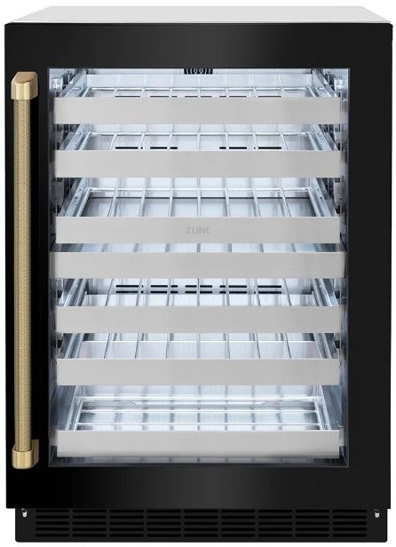 ZLINE Autograph Edition Touchstone 24 " 4.8 Cu. Ft. Black Stainless Steel Dual Zone 44 Bottle Wine Cooler with Glass Door and Polished Gold Helix Handle-0