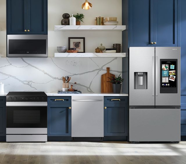 Samsung 4-Piece Kitchen Package with 30 cu. ft. 3-Door French Door Refrigerator with Family Hub and Dual Auto Ice Makers PLUS a FREE $100 Furniture Gift Card!