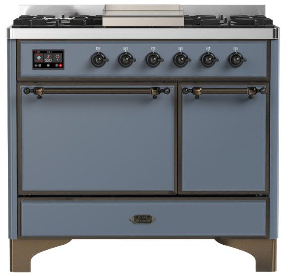 Ilve® Majestic III 40" Blue Gray Pro Style Dual Fuel Natural Gas Range with Solid Door and Burnished Trim-0