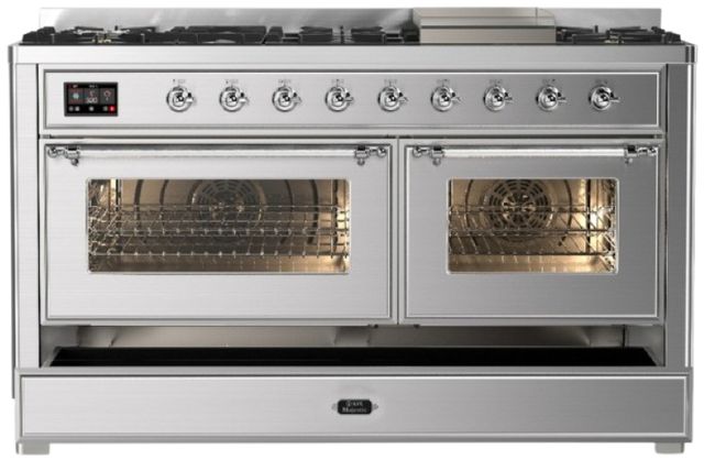 Ilve® Majestic III 60" Stainless Steel Pro Style Dual Fuel Liquid Propane Range with Triple Glass Door and Chrome Trim-2