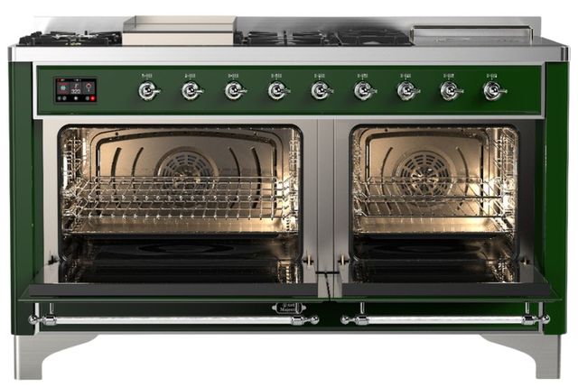 Ilve® Majestic III 60" Emerald Green Pro Style Dual Fuel Natural Gas Range with Solid Door and Chrome Trim-1