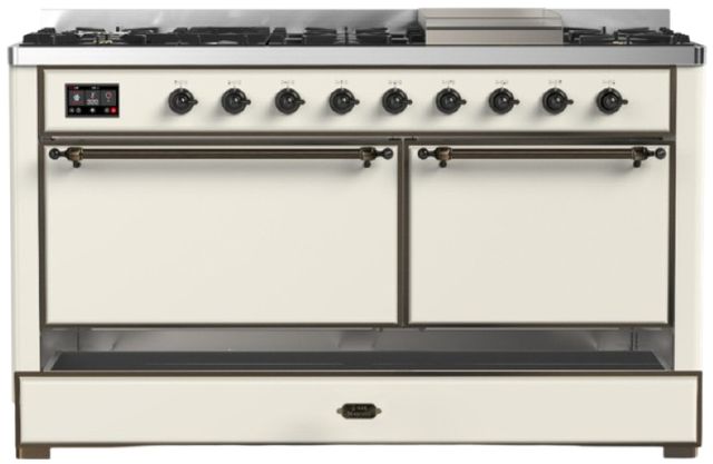 Ilve® Majestic III 60" Antique White Pro Style Dual Fuel Natural Gas Range with Solid Door and Burnished Trim-2
