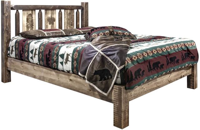 Montana Woodworks® Homestead Stain & Clear Lacquer King Platform Bed with Laser Engraved Pine Tree Design-0