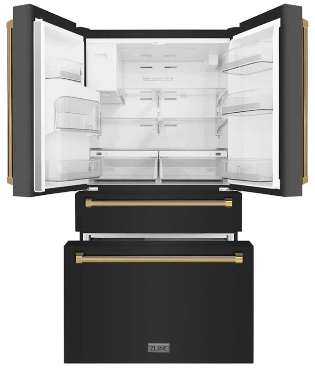ZLINE Autograph Edition 36" 21.6 Cu. Ft. Fingerprint-Resistant Black Stainless Steel Counter Depth French Door Refrigerator with Ice/Water Dispenser and Polished Gold Helix Handles-1