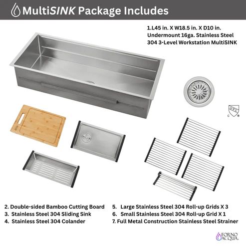 Forno Acqua MultiSINK Stainless Steel 45" Undermount Workstation Sink with Custom-Fit Accessories-2