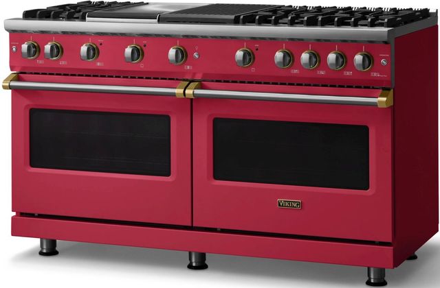 Viking® 5 Series 60" Valentine Pro Style Gas (NG) Range with Brushed Brass Trim-2