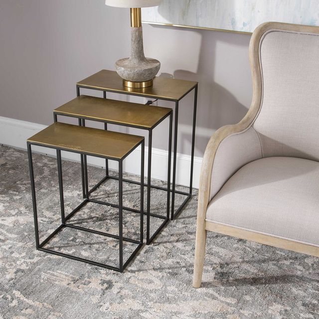 Uttermost® Coreene 3-Piece Antiqued Gold Nesting Table Set with Aged Black Base-1