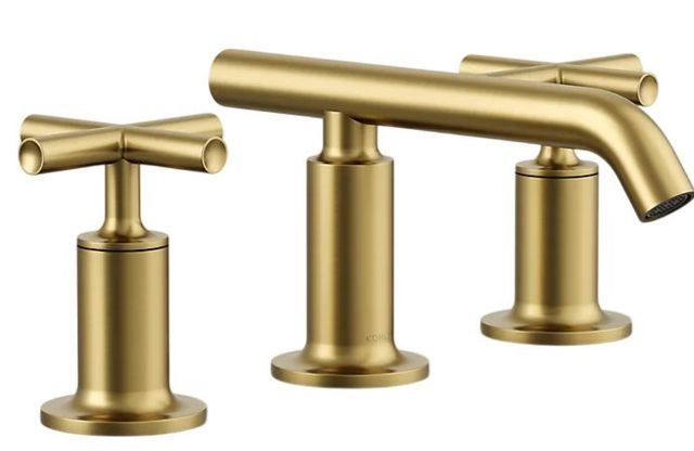 KOHLER® Purist® Vibrant Brushed Moderne Brass Widespread Bathroom Sink Faucet with Cross Handles-0