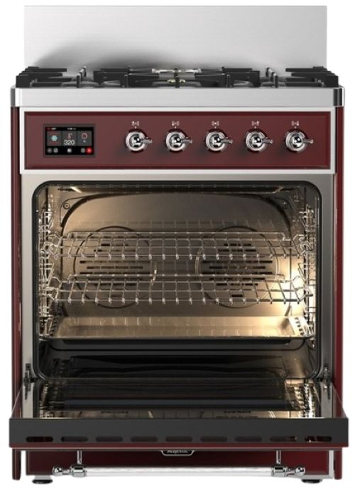 Ilve® Majestic III 30" Burgundy Pro Style Dual Fuel Natural Gas Range with 5 Black Brass Burners and Chrome Trim-1