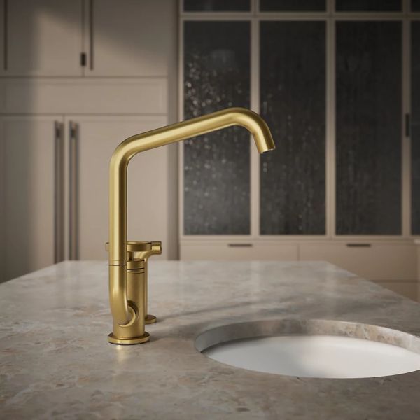 KOHLER® Billet® Vibrant Brushed Moderne Brass Single Round-Handle Bar Sink Faucet with 2-Function Extended-Reach Spout and Side Sprayer-4