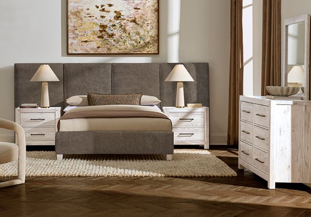 Artisan & Post by Vaughan-Bassett Joinery Brindle Gray/Washed White Oak Queen Upholstered Wall Panel Bed-1