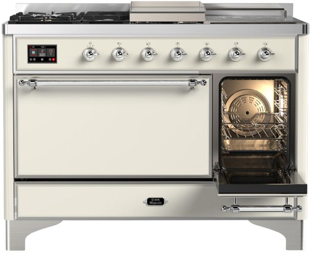 Ilve® Majestic III 48" Antique White Pro Style Dual Fuel Liquid Propane Range with 5 Black Brass Burners and Chrome Trim-3