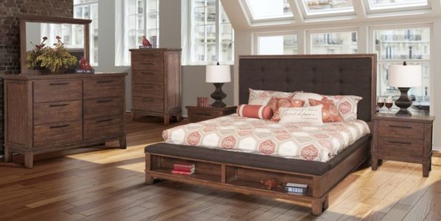 New Classic® Home Furnishings Cagney 4-Piece Chestnut Brown Queen Upholstered Storage Panel Bedroom Set-0