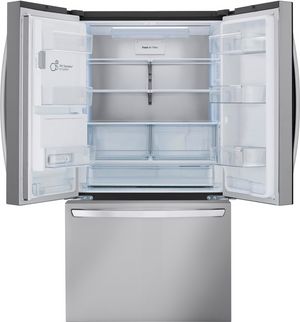 front view of the opened LG 36 in. 25.5 Cu. Ft. PrintProof™ Stainless Steel Counter-Depth French Door Refrigerator