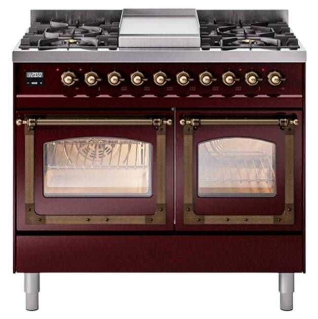 Ilve® Nostalgie II Noblesse 40'' Burgundy Pro Style Dual Fuel Range with Burnished Trim-0