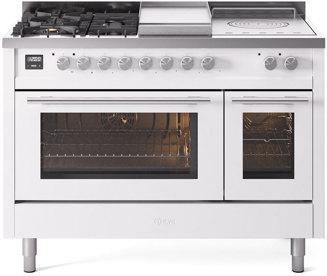 Ilve® Professional Plus II 48" White Pro Style Dual Fuel Range